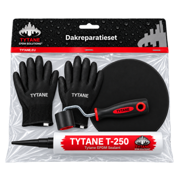 EPDM dakreparatieset met sealant, EPDM reparatiestuk, roller en handschoenen