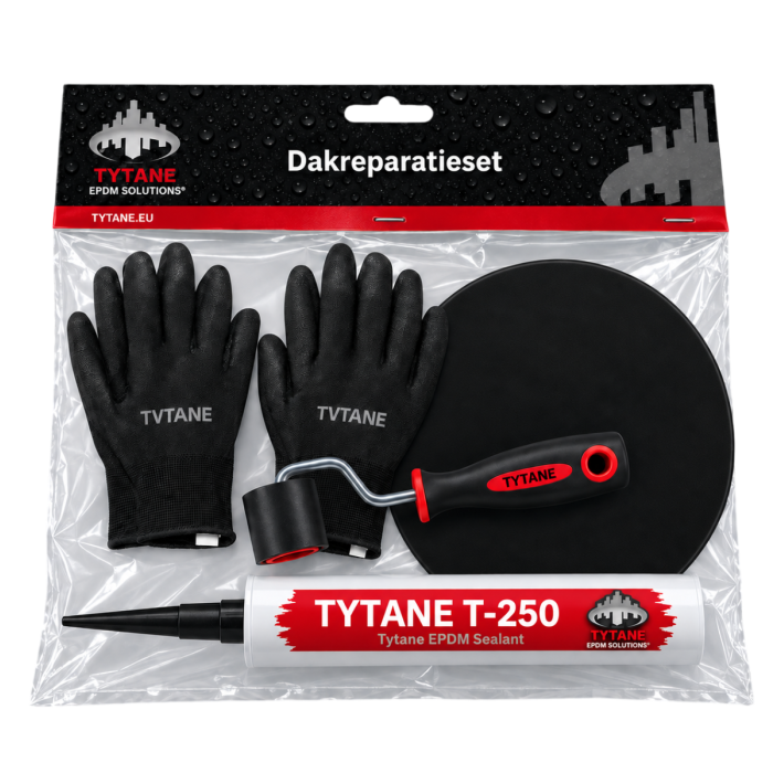 EPDM dakreparatieset met sealant, EPDM reparatiestuk, roller en handschoenen